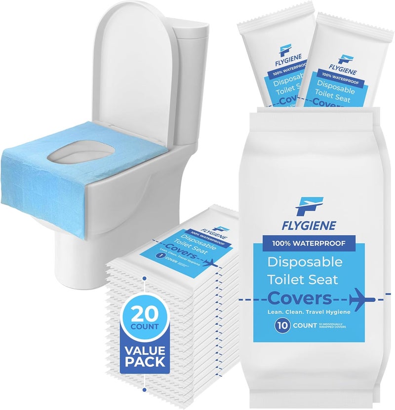 FLYGIENE Disposable Toilet Seat Covers for Travel – Waterproof, Tear-Resistant XL Toilet Liners with 2 Layers of Protection – Individually Wrapped Travel Size Toiletries - 20 Count (2 Packs of 10) - Image 1